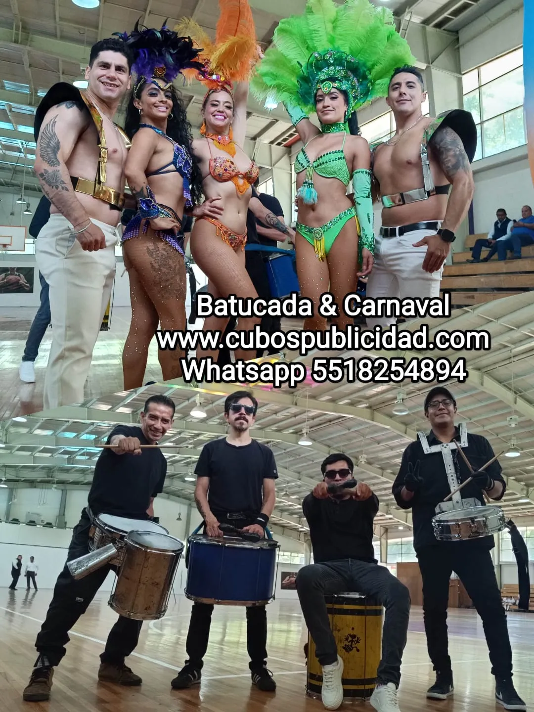 Bailarinas con vestuario de carnaval y músicos de batucada